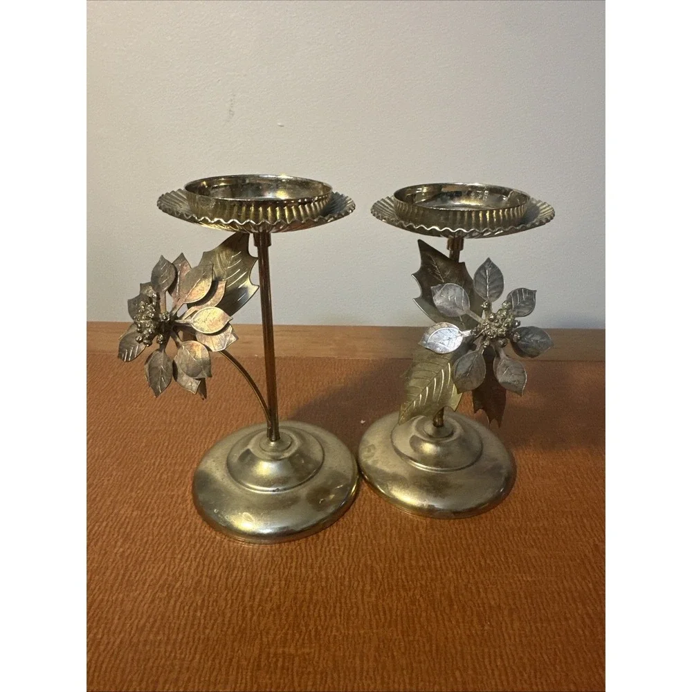 Set Of 2 Vintage Brass‎ Floral Leaf Candle Stick Holders 5